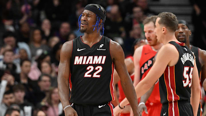 Dec 1, 2024; Toronto, Ontario, CAN; Miami Heat forward Jimmy Butler (22) reacts to an officiating call in the first half against the Toronto Raptors at Scotiabank Arena. Mandatory Credit: Dan Hamilton-Imagn Images Dec 1, 2024; Toronto, Ontario, CAN; Miami Heat forward Jimmy Butler (22) reacts to an officiating call in the first half against the Toronto Raptors at Scotiabank Arena. Mandatory Credit: Dan Hamilton-Imagn Images