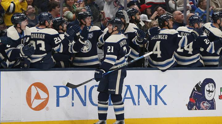 Isac Lundestrom celebrates a goal at Nationwide Arena