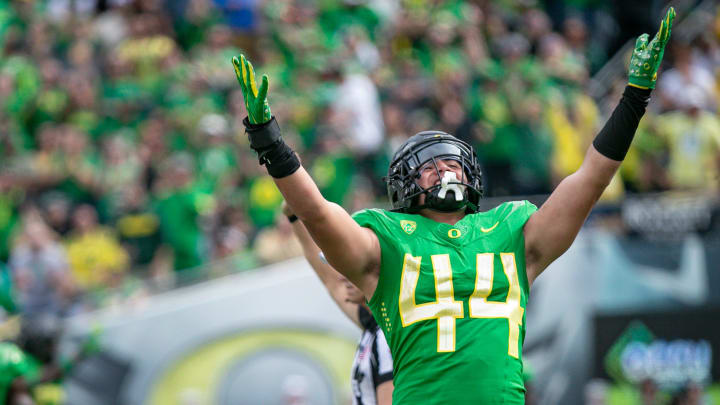 Oregon outside linebacker Teitum Tuioti celebrates a sack as the Oregon Ducks host Colorado in the Pac-12 opener Saturday, Sept. 23, 2023, at Autzen Stadium in Eugene, Ore.