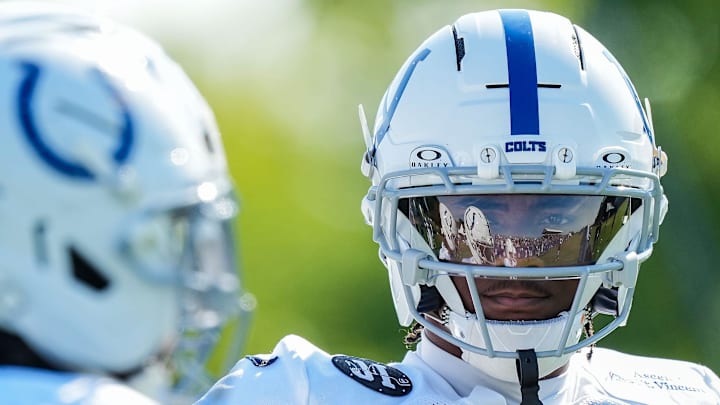 Indianapolis Colts wide receiver Adonai Mitchell (10) stands on the field Sunday, Aug. 3, 2025, during Indianapolis Colts Training Camp at Grand Park in Westfield. Indianapolis Colts wide receiver Adonai Mitchell (10) stands on the field Sunday, Aug. 3, 2025, during Indianapolis Colts Training Camp at Grand Park in Westfield.