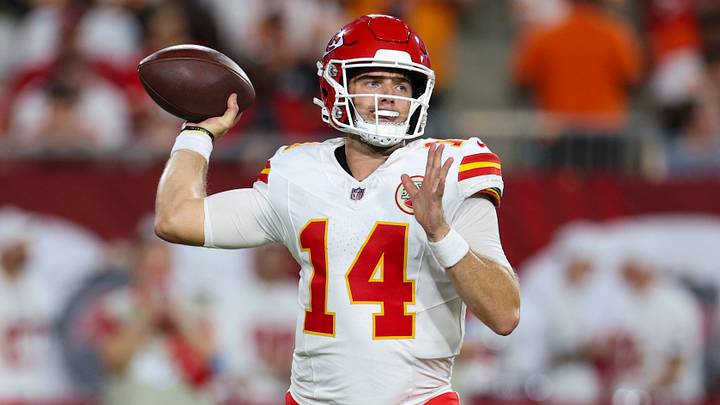 Aug 22, 2026; Tampa, Florida, USA; Kansas City Chiefs quarterback Garrett Nussmeier (14) throws a pass against the Tampa Bay Buccaneers in the third quarter during a preseason game at Raymond James Stadium. Mandatory Credit: Nathan Ray Seebeck-Imagn Images Aug 22, 2026; Tampa, Florida, USA; Kansas City Chiefs quarterback Garrett Nussmeier (14) throws a pass against the Tampa Bay Buccaneers in the third quarter during a preseason game at Raymond James Stadium. Mandatory Credit: Nathan Ray Seebeck-Imagn Images