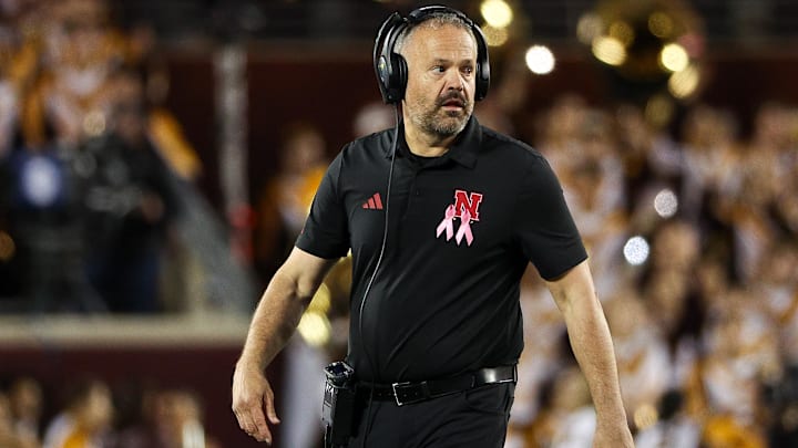 Oct 17, 2025; Minneapolis, Minnesota, USA; Nebraska Cornhuskers head coach Matt Rhule looks on during the second half against the Minnesota Golden Gophers at Huntington Bank Stadium. Mandatory Credit: Matt Krohn-Imagn Images