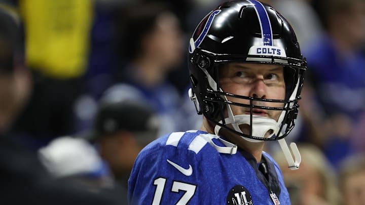 Dec 22, 2025; Indianapolis, Indiana, USA; Indianapolis Colts quarterback Philip Rivers (17) looks on during warmups before the game against the San Francisco 49ers at Lucas Oil Stadium.