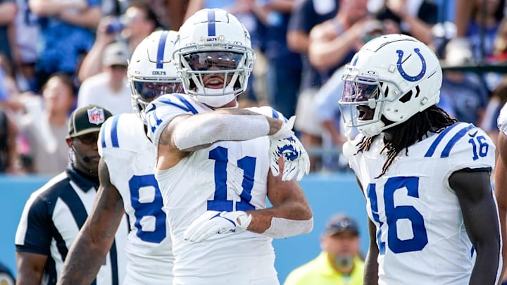 Indianapolis Colts wide receiver Michael Pittman Jr. (11) celebrates his touchdown against the Tennessee Titans during the fourth quarter at Nissan Stadium in Nashville, Tenn., Sunday, Oct. 13, 2024. Indianapolis Colts wide receiver Michael Pittman Jr. (11) celebrates his touchdown against the Tennessee Titans during the fourth quarter at Nissan Stadium in Nashville, Tenn., Sunday, Oct. 13, 2024.