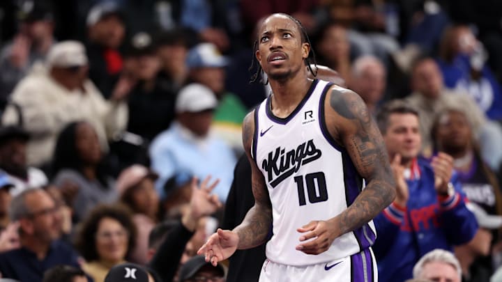 Nov 22, 2024; Inglewood, California, USA;  Sacramento Kings forward DeMar DeRozan (10) reacts to a call during the second half against the Los Angeles Clippers at Intuit Dome. 