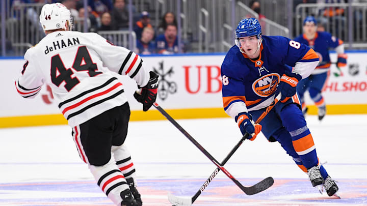 Dec 5, 2021; Elmont, New York, USA; Chicago Blackhawks defenseman Calvin de Haan (44) defends