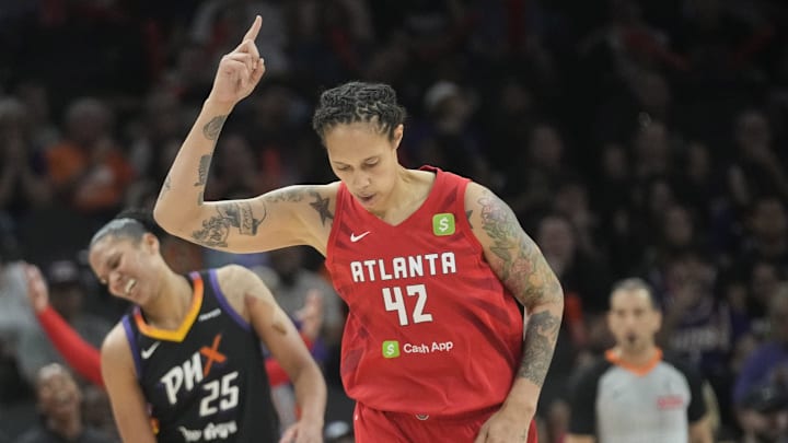 Atlanta Dream center Brittney Griner (42) celebrates a basket against the Phoenix Mercury during the fourth quarter at PHX Arena July 23, 2025.