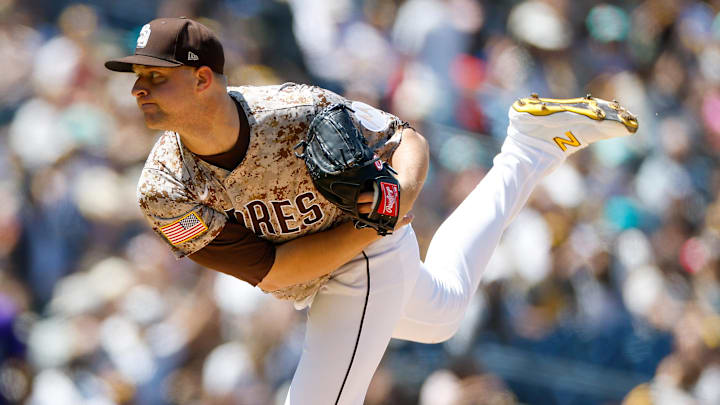 Apr 13, 2025; San Diego, California, USA; San Diego Padres starting pitcher Michael King (34) throws a pitch during the first inning against the Colorado Rockies at Petco Park. Mandatory Credit: David Frerker-Imagn Images