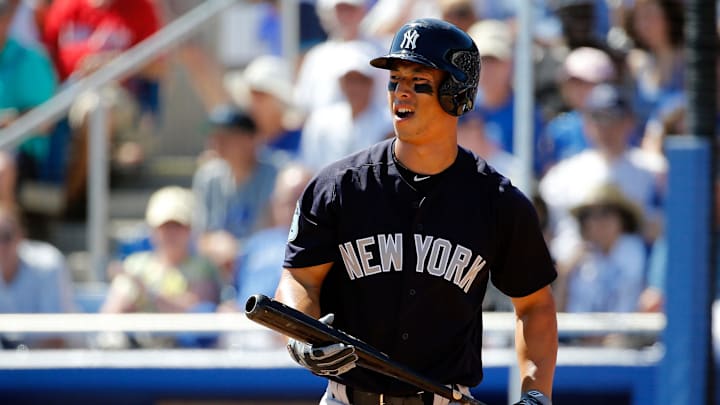 Mar 3, 2017; Dunedin, FL, USA; New York Yankees first baseman Rob Refsnyder (38) at bat against the Toronto Blue Jays at Florida Auto Exchange Stadium. Mandatory Credit: Kim Klement-Imagn Images