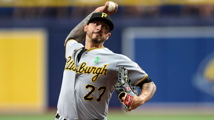 May 4, 2023; St. Petersburg, Florida, USA; Pittsburgh Pirates starting pitcher Vince Velasquez (27) throws a pitch against the Tampa Bay Rays in the second inning at Tropicana Field. Mandatory Credit: Nathan Ray Seebeck-Imagn Images May 4, 2023; St. Petersburg, Florida, USA; Pittsburgh Pirates starting pitcher Vince Velasquez (27) throws a pitch against the Tampa Bay Rays in the second inning at Tropicana Field. Mandatory Credit: Nathan Ray Seebeck-Imagn Images