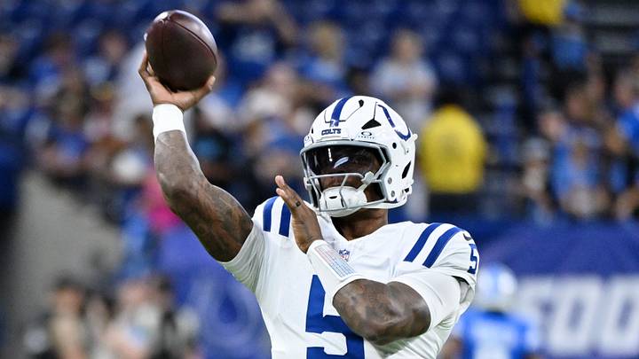 Indianapolis Colts quarterback Anthony Richardson Sr. (5) warms up before the game against the Detroit Lions at Lucas Oil Stadium. Indianapolis Colts quarterback Anthony Richardson Sr. (5) warms up before the game against the Detroit Lions at Lucas Oil Stadium.
