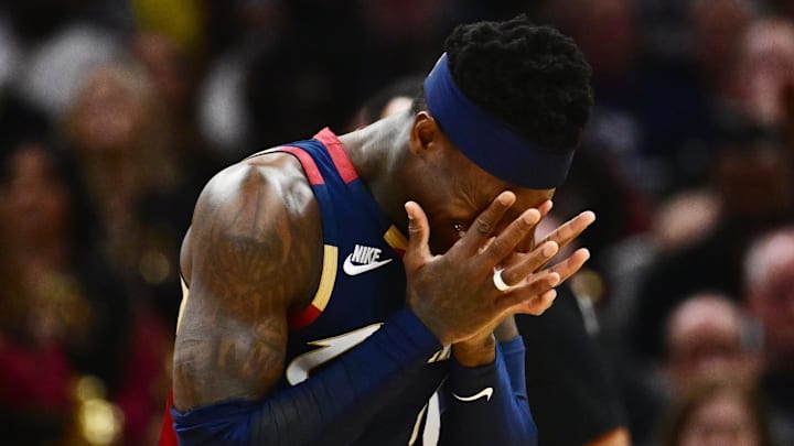 Apr 18, 2026; Cleveland, Ohio, USA; Cleveland Cavaliers guard Dennis Schroder (8) reacts after a foul against the Toronto Raptors during the first half of game one in the first round of the 2026 NBA Playoffs at Rocket Arena. Mandatory Credit: Ken Blaze-Imagn Images