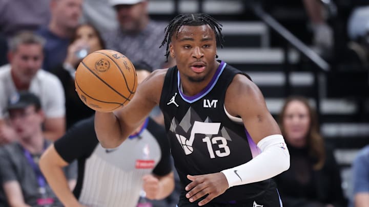 Mar 27, 2025; Salt Lake City, Utah, USA; Utah Jazz guard Isaiah Collier (13) brings the ball up the court against the Houston Rockets during the first half at Delta Center. Mandatory Credit: Rob Gray-Imagn Images Mar 27, 2025; Salt Lake City, Utah, USA; Utah Jazz guard Isaiah Collier (13) brings the ball up the court against the Houston Rockets during the first half at Delta Center. Mandatory Credit: Rob Gray-Imagn Images
