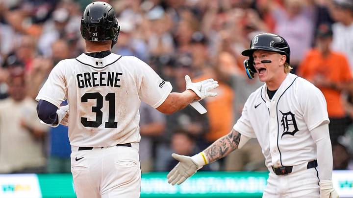 Detroit Tigers left fielder Riley Greene (31) high-fives center fielder Max Clark (15) after scoring a run. Credit Detroit Tigers left fielder Riley Greene (31) high-fives center fielder Max Clark (15) after scoring a run. Credit