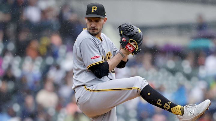 Jun 19, 2025; Detroit, Michigan, USA;  Pittsburgh Pirates pitcher Andrew Heaney (45) pitches in the first inning against the Detroit Tigers at Comerica Park. Mandatory Credit: Rick Osentoski-Imagn Images