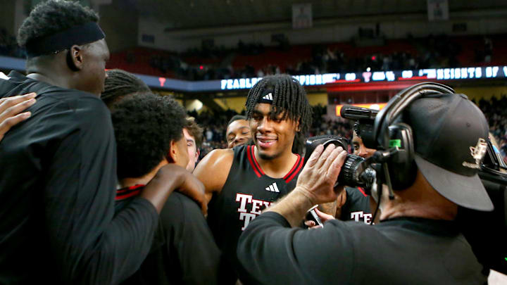 Jan 24, 2026; Lubbock, Texas, USA;  Texas Tech Red Raiders forward JT Toppin (15) celebrates with teammates after the game against the Houston Cougars at United Supermarkets Arena. Mandatory Credit: Michael C. Johnson-Imagn Images