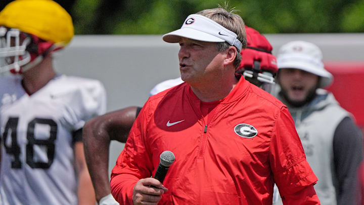 Georgia coach Kirby Smart looks on at the first day of fall practice in Athens, Georgia, on Thursday, July 31, 2025.