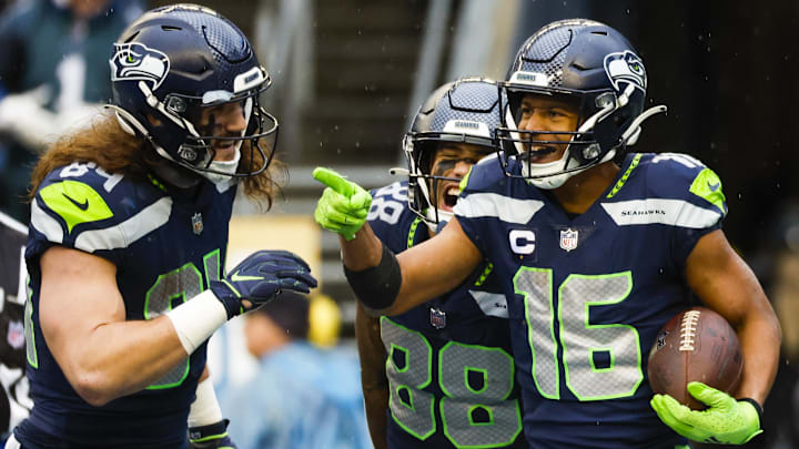 Jan 8, 2023; Seattle, Washington, USA; Seattle Seahawks wide receiver Tyler Lockett (16) celebrates with tight end Colby Parkinson (84) and wide receiver Cade Johnson (88) after catching a touchdown pass against the Los Angeles Rams during the third quarter at Lumen Field. Mandatory Credit: Joe Nicholson-Imagn Images Jan 8, 2023; Seattle, Washington, USA; Seattle Seahawks wide receiver Tyler Lockett (16) celebrates with tight end Colby Parkinson (84) and wide receiver Cade Johnson (88) after catching a touchdown pass against the Los Angeles Rams during the third quarter at Lumen Field. Mandatory Credit: Joe Nicholson-Imagn Images