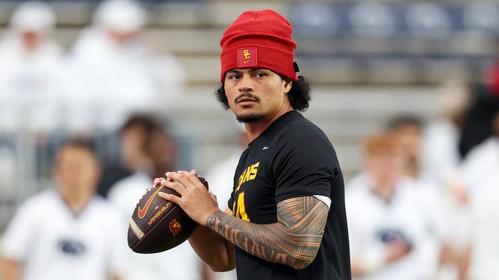 Oct 10, 2026; University Park, Pennsylvania, USA; Southern California Trojans quarterback Jayden Maiava (14) throws a pass during a warmup prior to the game against the Penn State Nittany Lions at West Shore Home Field at Beaver Stadium. Mandatory Credit: Matthew O'Haren-Imagn Images Oct 10, 2026; University Park, Pennsylvania, USA; Southern California Trojans quarterback Jayden Maiava (14) throws a pass during a warmup prior to the game against the Penn State Nittany Lions at West Shore Home Field at Beaver Stadium. Mandatory Credit: Matthew O'Haren-Imagn Images