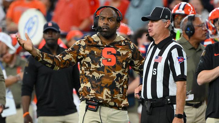 Sep 12, 2026; Syracuse, New York, USA; Syracuse Orange head coach Fran Brown reacts to a call during the first half against the California Golden Bears at the JMA Wireless Dome. Mandatory Credit: Rich Barnes-Imagn Images Sep 12, 2026; Syracuse, New York, USA; Syracuse Orange head coach Fran Brown reacts to a call during the first half against the California Golden Bears at the JMA Wireless Dome. Mandatory Credit: Rich Barnes-Imagn Images
