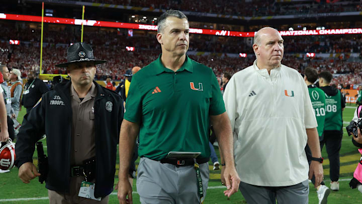 Jan 19, 2026; Miami Gardens, FL, USA; Miami Hurricanes head coach Mario Cristobal reacts after the College Football Playoff National Championship game at Hard Rock Stadium. Mandatory Credit: Mark J. Rebilas-Imagn Images