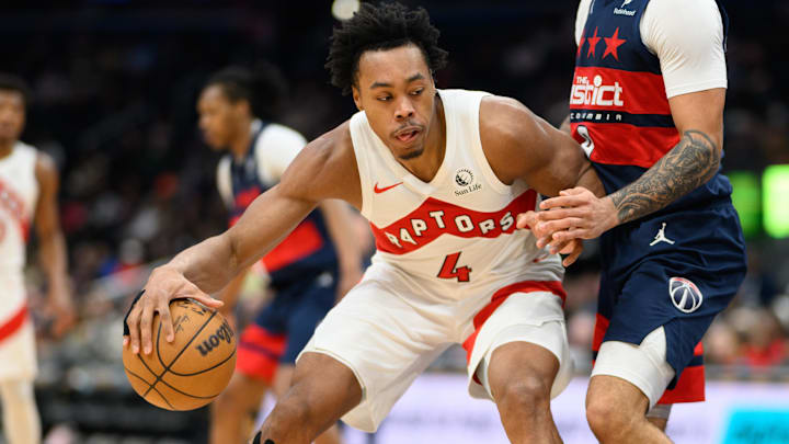 Mar 24, 2025; Washington, District of Columbia, USA; Toronto Raptors forward Scottie Barnes (4) handles the ball during the third quarter against the Washington Wizards at Capital One Arena. Mandatory Credit: Reggie Hildred-Imagn Images