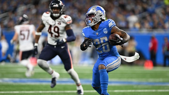 Jahmyr Gibbs breaks into the clear against the Bears last year in Detroit. Jahmyr Gibbs breaks into the clear against the Bears last year in Detroit.