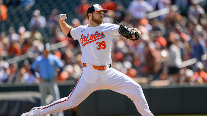 Sep 8, 2024; Baltimore, Maryland, USA; Baltimore Orioles pitcher Corbin Burnes (39) throws a pitch during the first inning against the Tampa Bay Rays at Oriole Park at Camden Yards. 