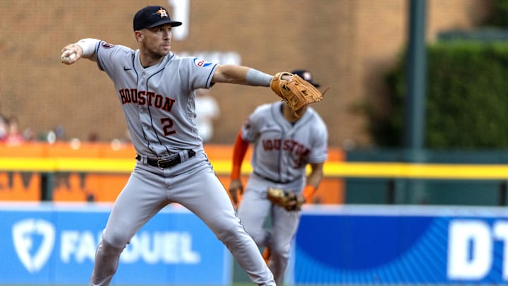 Aug 26, 2023; Detroit, Michigan, USA; Houston Astros third baseman Alex Bregman (2) throws the ball to first base for an out in the fourth inning against the Detroit Tigers at Comerica Park. Aug 26, 2023; Detroit, Michigan, USA; Houston Astros third baseman Alex Bregman (2) throws the ball to first base for an out in the fourth inning against the Detroit Tigers at Comerica Park.