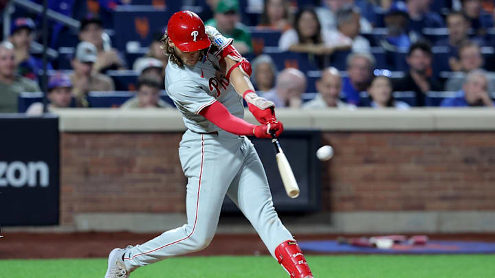 Sep 20, 2024; New York City, New York, USA; Philadelphia Phillies third baseman Alec Bohm (28) hits a three run home run against the New York Mets during the fourth inning at Citi Field. Mandatory Credit: Brad Penner-Imagn Images Sep 20, 2024; New York City, New York, USA; Philadelphia Phillies third baseman Alec Bohm (28) hits a three run home run against the New York Mets during the fourth inning at Citi Field. Mandatory Credit: Brad Penner-Imagn Images