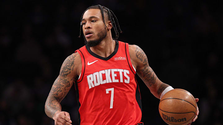 Feb 4, 2025; Brooklyn, New York, USA; Houston Rockets forward Cam Whitmore (7) dribbles up court against the Brooklyn Nets during the first quarter at Barclays Center. Mandatory Credit: Vincent Carchietta-Imagn Images
