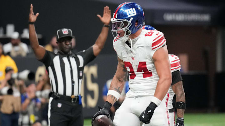 Oct 5, 2025; New Orleans, Louisiana, USA; New York Giants tight end Theo Johnson (84) celebrates after a touchdown against the New Orleans Saints during the second quarter at Caesars Superdome. Mandatory Credit: Matthew Hinton-Imagn Images Oct 5, 2025; New Orleans, Louisiana, USA; New York Giants tight end Theo Johnson (84) celebrates after a touchdown against the New Orleans Saints during the second quarter at Caesars Superdome. Mandatory Credit: Matthew Hinton-Imagn Images