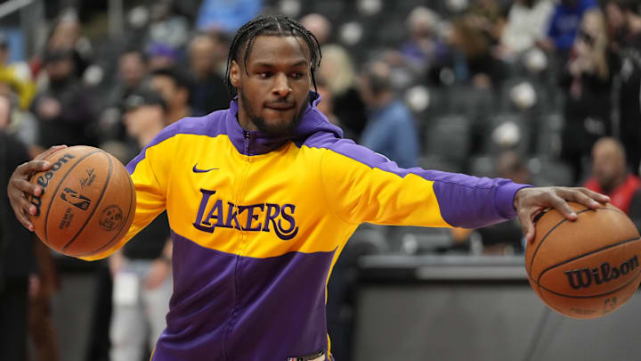Nov 1, 2024; Toronto, Ontario, CAN; Los Angeles Lakers guard Bronny James (9) during warm-up before a game against the Toronto Raptors at Scotiabank Arena. Mandatory Credit: John E. Sokolowski-Imagn Images