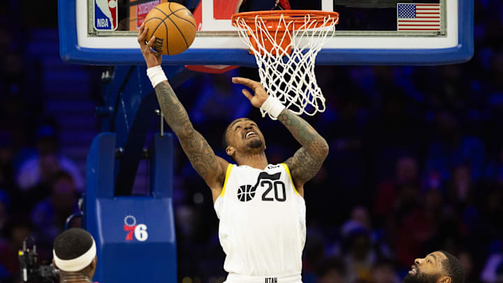 Jan 6, 2024; Philadelphia, Pennsylvania, USA; Utah Jazz forward John Collins (20) scores against the Philadelphia 76ers during the second quarter at Wells Fargo Center. Mandatory Credit: Bill Streicher-Imagn Images Jan 6, 2024; Philadelphia, Pennsylvania, USA; Utah Jazz forward John Collins (20) scores against the Philadelphia 76ers during the second quarter at Wells Fargo Center. Mandatory Credit: Bill Streicher-Imagn Images