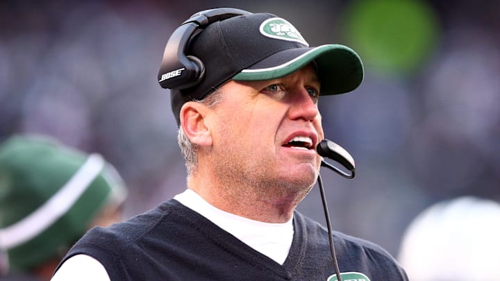 Dec 21, 2014; East Rutherford, NJ, USA; New York Jets head coach Rex Ryan coaches against the New England Patriots during the third quarter at MetLife Stadium. The Patriots defeated the Jets 17-16. Mandatory Credit: Brad Penner-Imagn Images