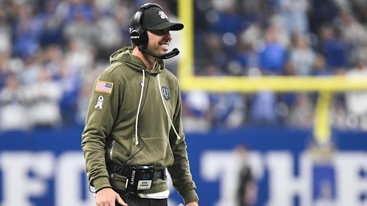 Oct 26, 2025; Indianapolis, Indiana, USA; Indianapolis Colts head coach Shane Steichen looks on during the second quarter against the Tennessee Titans at Lucas Oil Stadium. Mandatory Credit: Robert Goddin-Imagn Images