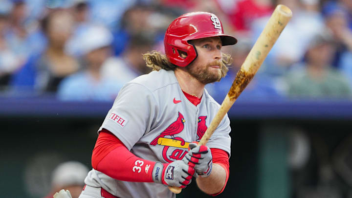 May 16, 2025; Kansas City, Missouri, USA; St. Louis Cardinals second baseman Brendan Donovan (33) hits a double during the fourth inning against the Kansas City Royals at Kauffman Stadium. Mandatory Credit: Jay Biggerstaff-Imagn Images May 16, 2025; Kansas City, Missouri, USA; St. Louis Cardinals second baseman Brendan Donovan (33) hits a double during the fourth inning against the Kansas City Royals at Kauffman Stadium. Mandatory Credit: Jay Biggerstaff-Imagn Images