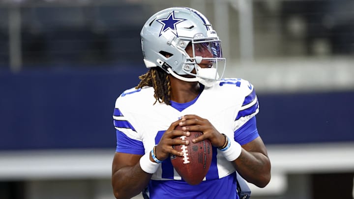 Dallas Cowboys quarterback Joe Milton III warms up before the preseason game against the Baltimore Ravens.
