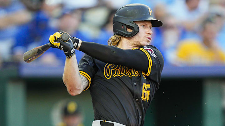 Jul 8, 2025; Kansas City, Missouri, USA; Pittsburgh Pirates right fielder Jack Suwinski (65) bats during the fifth inning against the Kansas City Royals at Kauffman Stadium. Mandatory Credit: Jay Biggerstaff-Imagn Images