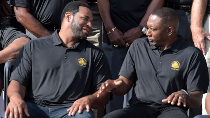 Aug 7, 2015; Canton, OH, USA; Jerome Bettis (left) and Tim Brown at the Pro Football Hall of Fame. Aug 7, 2015; Canton, OH, USA; Jerome Bettis (left) and Tim Brown at the Pro Football Hall of Fame.