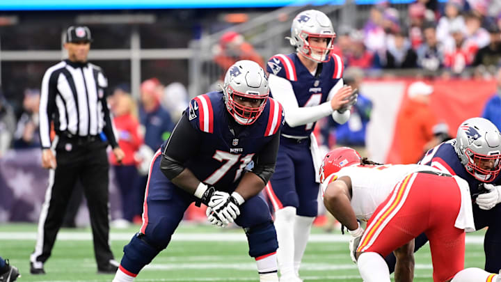 Dec 17, 2023; Foxborough, Massachusetts, USA; New England Patriots guard Mike Onwenu (71) lines up