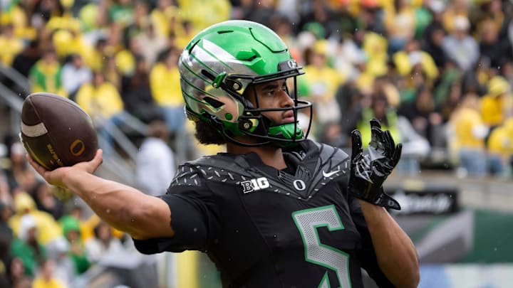 Oregon quarterback Dante Moore throws a pass during warmups as the Oregon Ducks host the Indiana Hoosiers Oct. 11, 2025, at Autzen Stadium in Eugene, Oregon.