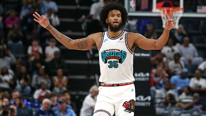 Apr 13, 2025; Memphis, Tennessee, USA; Memphis Grizzlies forward Marvin Bagley III (35) reacts during the third quarter against the Dallas Mavericks at FedExForum. Mandatory Credit: Petre Thomas-Imagn Images