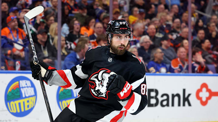 Mar 10, 2025; Buffalo, New York, USA;  Buffalo Sabres right wing Alex Tuch (89) reacts after scoring a goal during the second period against the Edmonton Oilers at KeyBank Center. Mandatory Credit: Timothy T. Ludwig-Imagn Images