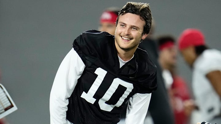 Ohio State Buckeyes quarterback Julian Sayin (10) laughs during the first day of spring workouts for the 2026 football season at Woody Hayes Athletic Complex in Columbus on March 10, 2026.