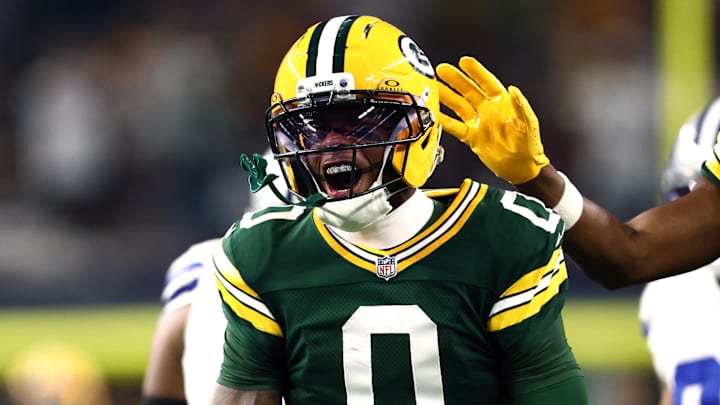 Sep 28, 2025; Arlington, Texas, USA;  Green Bay Packers wide receiver Matthew Golden (0) reacts in the first quarter against the Dallas Cowboys at AT&T Stadium. Mandatory Credit: Kevin Jairaj-Imagn Images