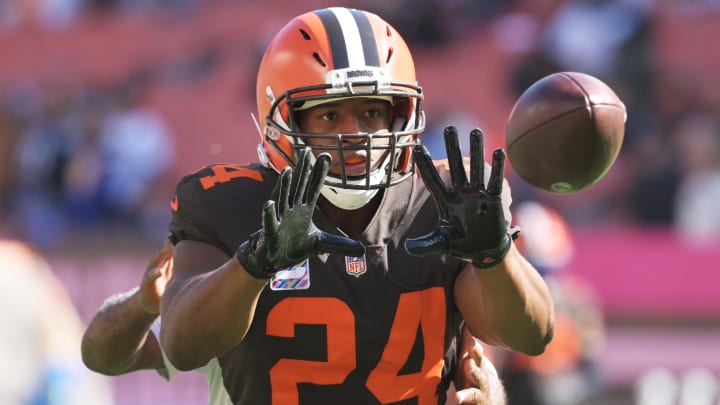Oct 9, 2022; Cleveland, Ohio, USA; Cleveland Browns running back Nick Chubb (24) catches a pass before the game between the Browns and the Los Angeles Chargers at FirstEnergy Stadium.