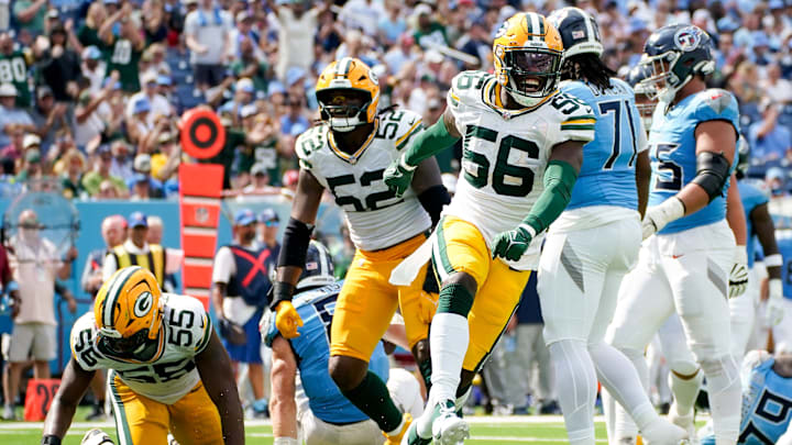 Green Bay Packers linebacker Edgerrin Cooper (56) celebrates sacking Tennessee Titans quarterback Will Levis (8) during the fourth quarter at Nissan Stadium in Nashville, Tenn., Sunday, Sept. 22, 2024. Green Bay Packers linebacker Edgerrin Cooper (56) celebrates sacking Tennessee Titans quarterback Will Levis (8) during the fourth quarter at Nissan Stadium in Nashville, Tenn., Sunday, Sept. 22, 2024.