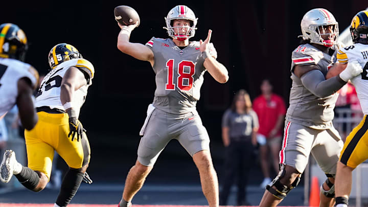 Oct 5, 2024; Columbus, OH, USA; Ohio State Buckeyes quarterback Will Howard (18) throws during the first half of the NCAA football game against the Iowa Hawkeyes at Ohio Stadium.