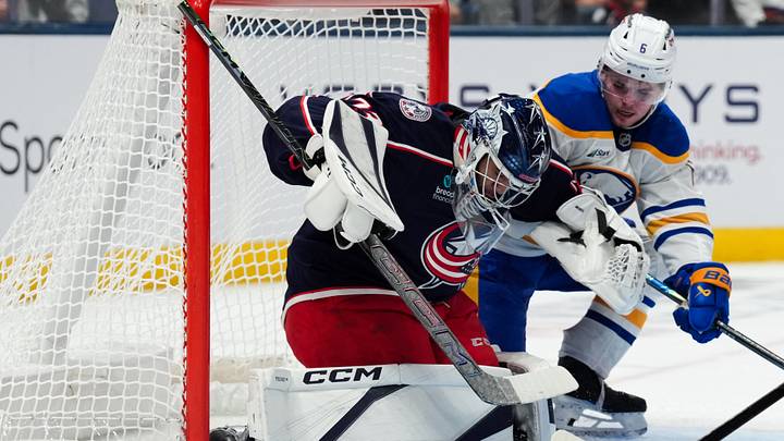 Columbus Blue Jackets goaltender Jet Greaves (73) makes a pad save in net against Buffalo Sabres left wing Zach Benson (6) in the second period at Nationwide Arena. Mandatory Credit: Aaron Doster-Imagn Images Columbus Blue Jackets goaltender Jet Greaves (73) makes a pad save in net against Buffalo Sabres left wing Zach Benson (6) in the second period at Nationwide Arena. Mandatory Credit: Aaron Doster-Imagn Images